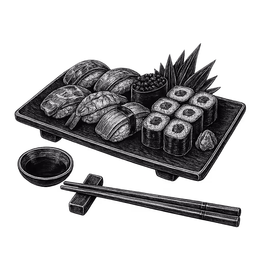 Ilustración en blanco y negro de una bandeja de sushi variado de Hito en Las Palmas